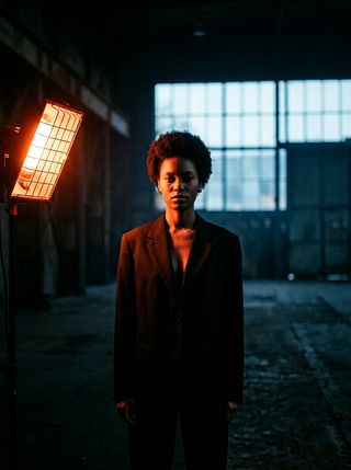 Person in a tailored suit standing in an industrial warehouse