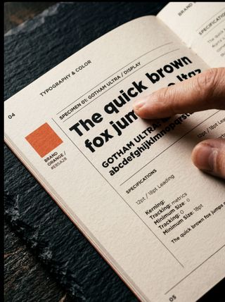 Brand guidelines booklet showing typography and colour specifications