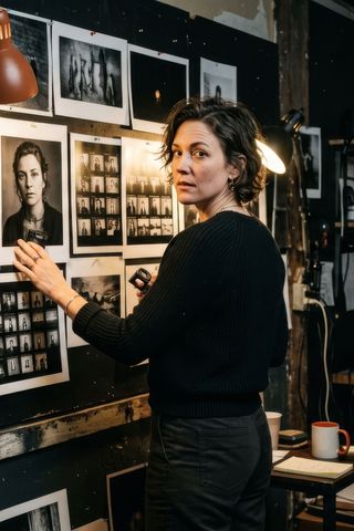 Person in a tailored suit standing in an industrial warehouse